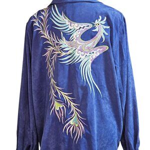 Woman's Bob Mackie wearable art peacock animalcore  blue embroidered zip jacket
